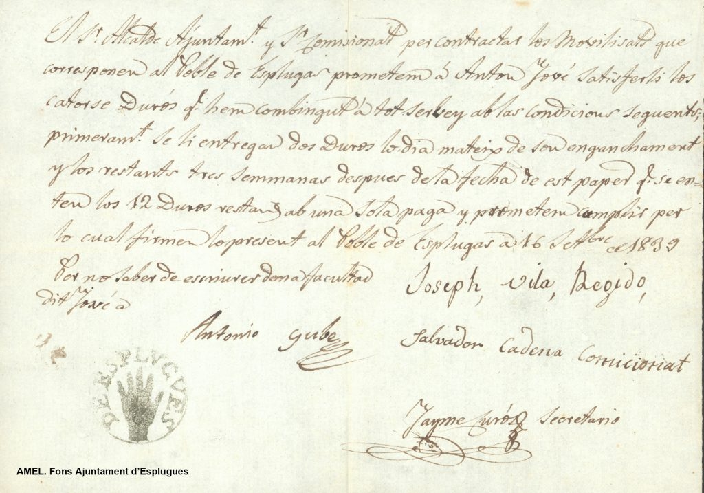 La mà del segell municipal en un document relatiu a la primera guerra Carlina (1833-1840).