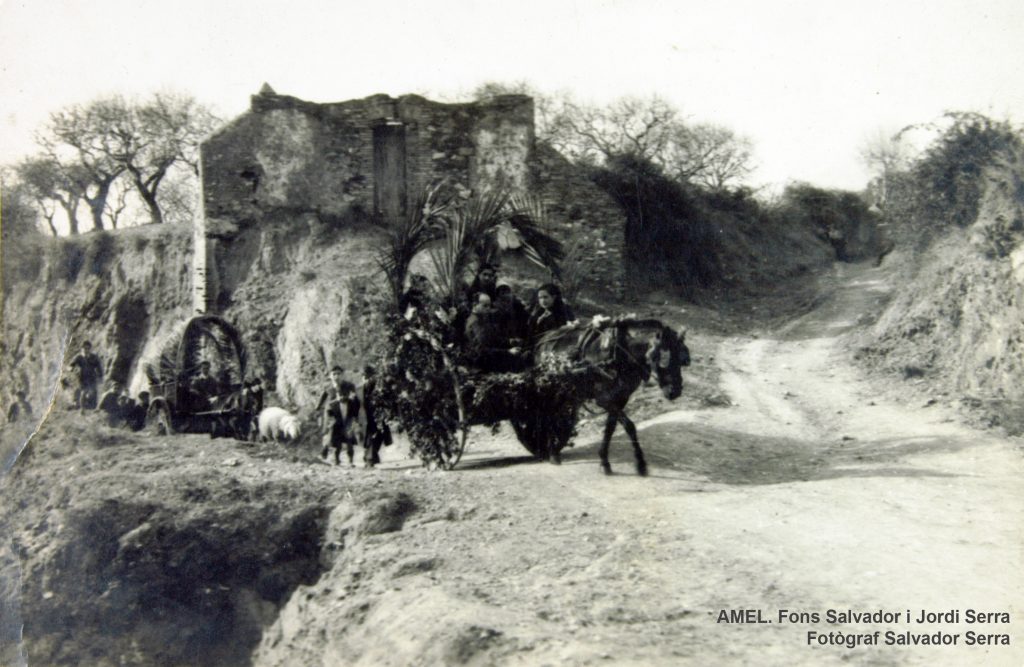 Festivitat de Sant Antoni Abat. La comitiva dels Tres Tombs en el camí del raval. Dècada de 1920.